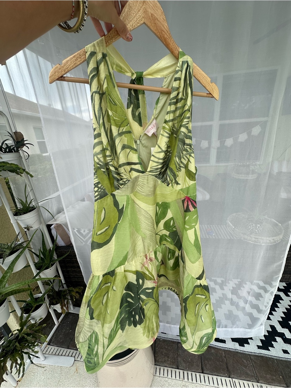 NWT CIEBON Tropical Green Leaf Halter Sundress With Voluminous Ruffle